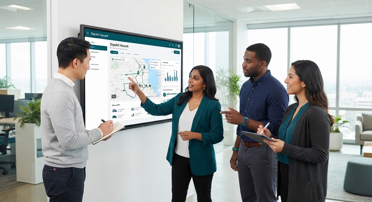 People collaborating around a Dispatch Network display